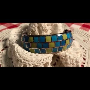 Nice Enamel Hinged Bangle Bracelet..Blues & Green